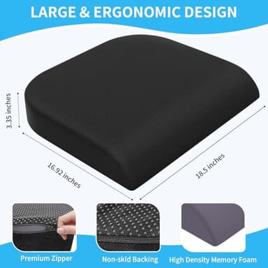 TranquilRelax Large Seat Cushion, Memory Foam Cushion for Long Sitting Hours on Office Chair, Home & Car, Non-Slip Chair Pad for Back, Sciatica, Hip, Coccyx Pain Relief & Post-Surgery Recovery (Black) - Image 2