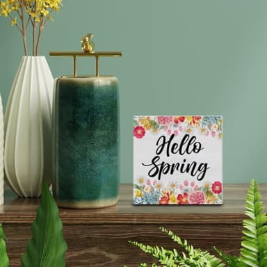 Spring Decor, Rustic Hello Spring Wood Sign Floral Art Decorations Tabletop Shelf Desk Home Decor, 5 X 5 Inches - Image 3
