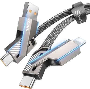 SHEZI [Upgraded 2.0] 4-in-1 USB C Cable 60W 5FT Compatible with Lightning Cable [Fast Charging & Data Transfer] Flat Braided Multi Charger Cord Combo with L/USB C/A Port for iPhone/iPad & All Devices - Image 1