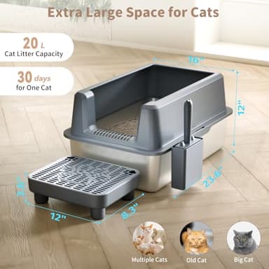 Enclosed Stainless Steel Cat Litter Box with Lid, Extra XL Large Metal Litter Box with High Sided, Easy Clean, Odorless, Anti-Urine Leakage, Includes Scoop (Darkgray) - Image 5