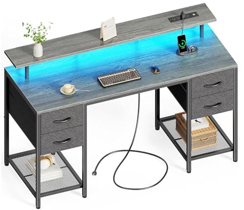 Huuger 55 inch Computer Desk with 4 Drawers, Gaming Desk with LED Lights & Power Outlets, Home Office Desk with Large Storage Space for Bedroom, Work from Home, Gray - Image 1