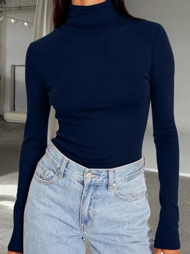 Trendy Queen Women's Turtleneck Long Sleeve Shirts Fall Fashion BasicThermal Underwear Tops Winter Clothes 2025 Navy S - Image 6