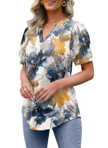 Women Tunic Tshirts Summer Short Puff Sleeve Tops Fashion V Neck Shirts Baggy Comfy Floral Yellow XL - Image 3