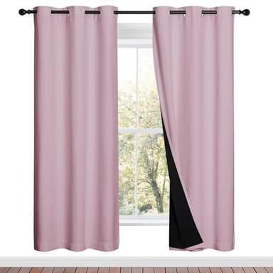 NICETOWN 100% Blackout Window Curtain Panels, Baby Pink, 2 Pieces, 42-inch Wide Per Panel, Full Light Blocking Drapes with Black Liner for Nursery, 72-inch Drop Thermal Insulated Draperies - Image 1