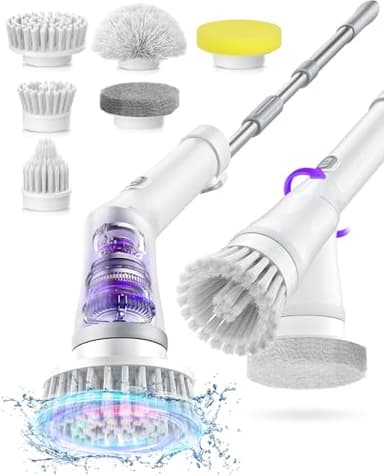 NBONEBS Electric Spin Scrubber, Cordless Shower Scrubber Rotary Floor Brushes & Pad Drivers with 6 Brush Heads - 2H Dual Speed, IPX7 Waterproof Extension Handle for Bathroom Tile Car Cleaning (White) - Image 1