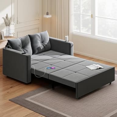 3 in 1 Pull Out Couch, 56 Inch Velvet Sofa Bed, Convertible Loveseat Sleeper Sofa for Living Room, Small Space, Upholstered Couch Bed with USB, Cup Holder(Grey - Image 2