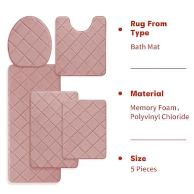 YIHOUSE Pink Bathroom Rugs Set 5 Piece, Soft Non Slip Memory Foam Bath Mat, Machine Wash Bathroom Mat Set, Water Absorbent Bath Mats for Toilet and Floor (Pink) - Image 8