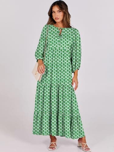 ANRABESS Womens Boho Maxi Dresses 2025 Summer V Neck Puff Sleeve Floral Flowy Swing Fall Casual Long Dress Light Green Medium - Image 6