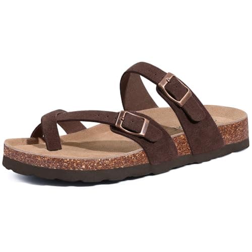 Litfun Women's Genuine Suede Cork Footbed Sandals Comfortable Summer Slides with Adjustable Buckle, Brown 39 - Image 1