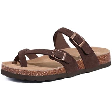 Litfun Women's Genuine Suede Cork Footbed Sandals Comfortable Summer Slides with Adjustable Buckle, Brown 39 - Image 1