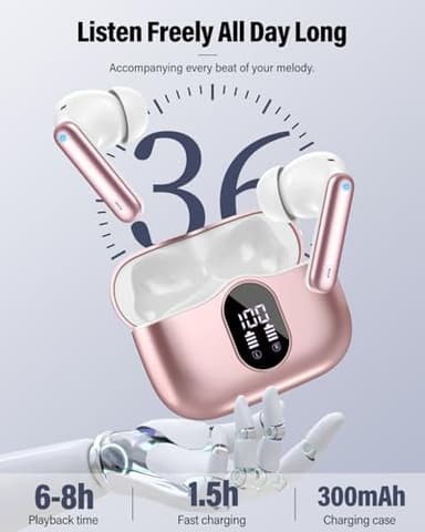 Wireless Earbuds, Bluetooth 5.4 Headphones Bass Stereo, Ear Buds with Noise Cancelling Mic, IP7 Waterproof in Ear Earphones, 36H LED Display Bluetooth Earbuds for Laptop Pad Phones Sports, Rose Gold - Image 5