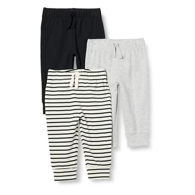 Amazon Essentials Unisex Babies' Cotton Pull-On Pants, Pack of 3, Black/Light Grey Heather/Stripe, 18 Months - Image 1