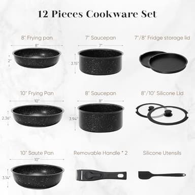 Sweetcrispy 12 pcs Pots and Pans Set, Nonstick Kitchen Induction Cookware Suit with Detachable Handle, Dishwasher Oven Safe, Black - Image 7