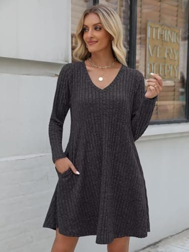 BELAROI Plus Size Sweater Dress Curvy Women Fall Dresses Winter V Neck Long Sleeve Pockets Tshirt Dress Loose Fit (3X, Dark Gray) - Image 5