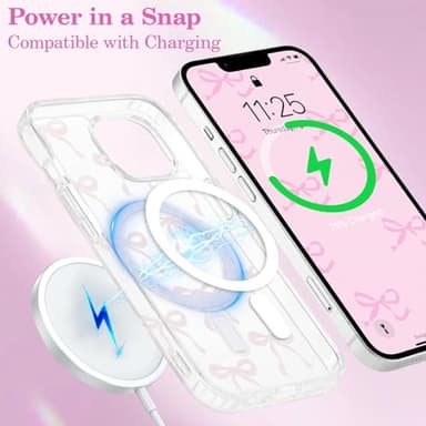 UEEBAI Magnetic for iPhone 14 & iPhone 13 Case, Bow Case Compatible with MagSafe, Wireless Slim Clear Ribbon Phone Cover Anti-Yellowing Shockproof Protective Cover for Women Girl - Pink - Image 5