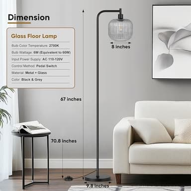 QiMH Glass Floor Lamp for Living Room, Modern Standing Lamp with Ribbed Grey Glass Lampshade Pedal Switch, 67” Tall Lamp for Bedroom Study Room, Black (2700K LED Bulb Included) - Image 4