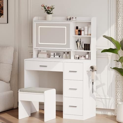 Viaozutis Vanity Desk with a Mirror and Lights，with Chair and Four Drawers, Three Adjustable Lighting Modes，with Power Outlet and Sliding LED Mirror,Bedroom Vanity Desk (White) - Image 1