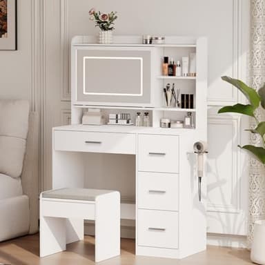 Viaozutis Vanity Desk with a Mirror and Lights，with Chair and Four Drawers, Three Adjustable Lighting Modes，with Power Outlet and Sliding LED Mirror,Bedroom Vanity Desk (White) - Image 1
