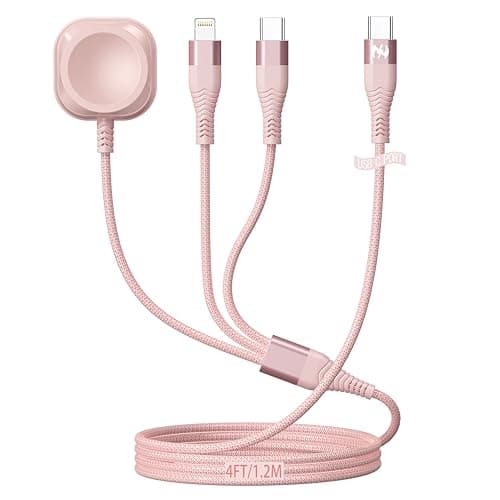 Apple Watch Charger 4FT Multi Charging Cable, Magnetic Nylon Braided USB C Port to Lightning Type-C Cord iWatch Wireless Charger 3 in 1 Charging Wire for Airpods Apple iPhone iPad iWatch Phone - Image 1