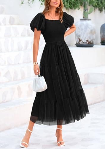 PRETTYGARDEN Women's Smocked Midi Tulle Dress 2025 Summer Puffy Short Sleeve Square Neck Ruffle Wedding Guest Party Dresses (Black,Medium) - Image 4