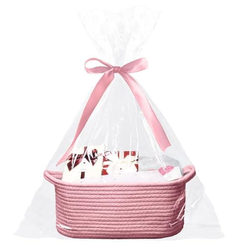 Poschnor Baby Gift Basket with Gift Bags and Ribbons, 12x 8x 5 Inch Basket for Baby and Pet Toys, Small Cotton Rope Basket - Pink - Image 1