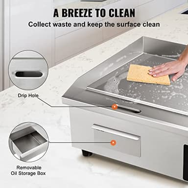 VEVOR Commercial Electric Griddle, 22", 1600W Countertop Flat Top Griddle, Stainless Steel Teppanyaki Grill w/Iron Cooking Plate, 122-572℉ Adjustable Temp Control 2 Shovels & Brushes, 110V - Image 6