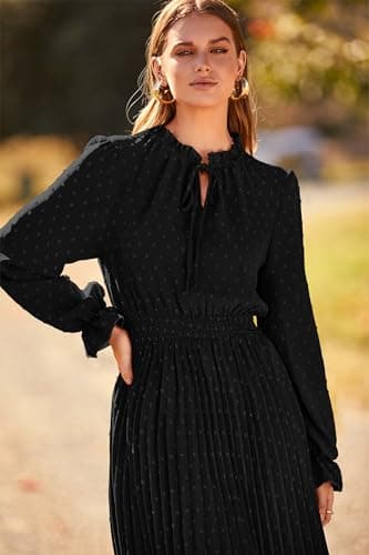 PRETTYGARDEN Women's 2025 Spring Fall Midi Dress Casual Long Sleeve V Neck Swiss Dot Pleated A Line Flowy Dresses (Black,Medium) - Image 8