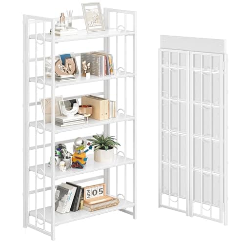 4NM No Assembly 5 Tiers Folding Bookshelf, 59.4" H Foldable Storage Shelves Vintage Bookcase Standing Racks Study Organizer Home Office - All White - Image 1