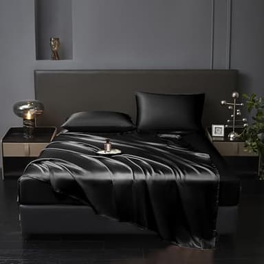 Revdomfly 4 Pcs Full Size Luxury Silky Soft Black Satin Sheet Set,1 Premium Moisture Wicking Fitted Sheet Fits Up to 16 Inches Deep Pocket + 1 Flat Sheet + 2 Pillowcases（Black, Full） - Image 1