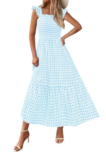 PRETTYGARDEN Women's Summer Dress Casual Square Neck Ruffle Strap Gingham Smocked Midi Flowy A Line Beach Vacation Sun Dresses 2025 (Light Blue, S) - Image 1