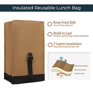 SUNNY BIRD Insulated Lunch Bag Rolltop Lunch Box Tote Bag for Women, Men, Adults and Teens (Brown) - Image 5