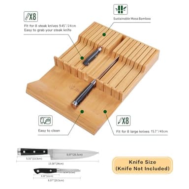 Utoplike In-drawer Knife Block Bamboo Kitchen Knife Drawer Organizer Large, Handle Steak knife Holder without Knives, Fit for 16 Knives and 1 Sharpening Steel (Knives & Sharpening Not Included) - Image 3