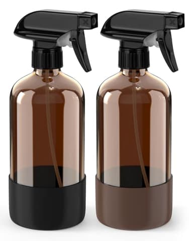 Bontip Glass Spray Bottle with Silicone Sleeve Protection, Amber Glass Spray Bottle Set for Window Cleaner Aromatherapy Facial Hydration Watering Flowers Hair Care 2 Pack/16 oz (Black & Brown) - Image 1