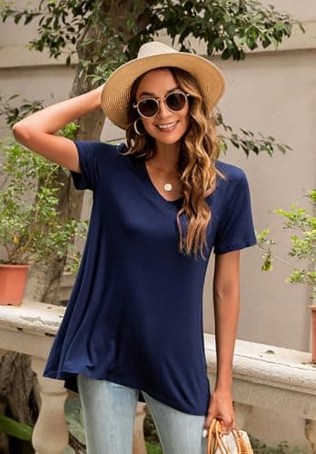 POPYOUNG Women's Plus Size Long Tunic Tops to Wear with Leggings Summer Short Sleeve Loose Fit Dressy Shirts M-5XL 5XL, Stripe Red - Image 6