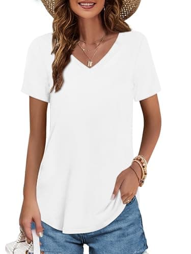 Elesomo Womens V Neck Tshirts Short Sleeve Summer Cotton Tee Shirt Tops, White L - Image 1