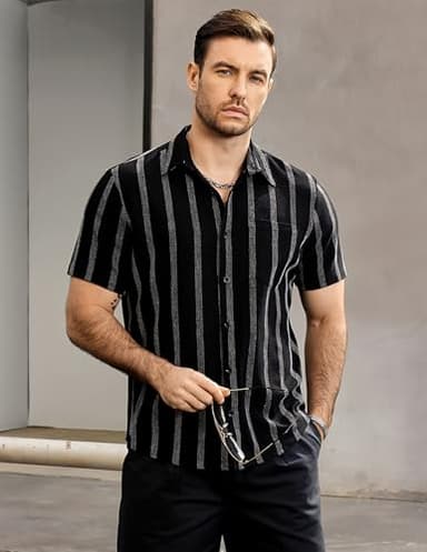 VATPAVE Mens Summer Striped Shirts Button Down Short Sleeve Vintage Beach Hawaiian Shirts with Pocket X-Large Black Vacation - Image 3