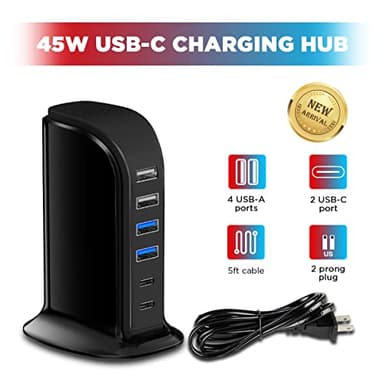 USB C Charger Block Upoy, Chargers for Multiple Devices Dual Type C 45W Total, 6 Ports USB Charging Station for iPhone, Ipad, Iwatch, Desk Accessories & Workspace Organizers - Image 3