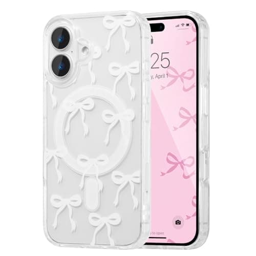 UEEBAI Magnetic for iPhone 16 Case, Bow Case Compatible with MagSafe, Wireless Slim Clear Ribbon Aesthetic Phone Cover Anti-Yellowing Shockproof Protective Cover for Women Girl - White - Image 1