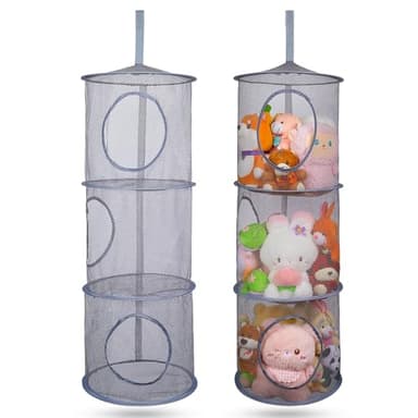 Basumee Stuffed Animals Net or Hammock 2 Pcs Stuffed Animals Storage Toy Net Hammock for Plushies Storage Organizer Mesh Kids Girls Room Decor, Gray, 3 Tiers - Image 1