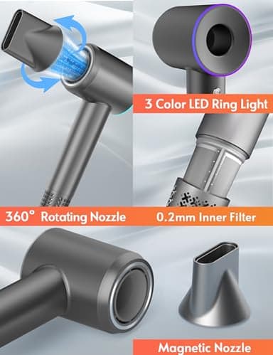 MLCLL Professional Ionic Hair Dryer, 1800W High Speed Blow Dryer for Home Salon, Real 200 Million Negative Ions, 120,000 RPM Brushless Motor for All Hair Types-1 (Silver) - Image 4