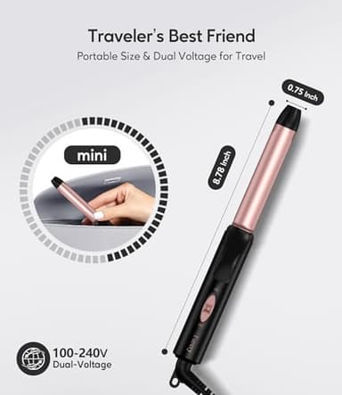 FARERY Ceramic Mini Hair Curler for Short Hair, 3/4 Inch, Dual Voltage, Travel Size with Keratin & Argan Oil Infused, Curling Iron with Storage Bag - Image 2
