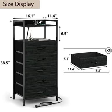 Furnulem Night Stand with Charging Station, Tall Black Dresser for Bedroom, Nightstand with Led Light, Bed Side Table for Living Room, Fabric Storage Drawer, Metal Frame, Wood Furniture - Image 3