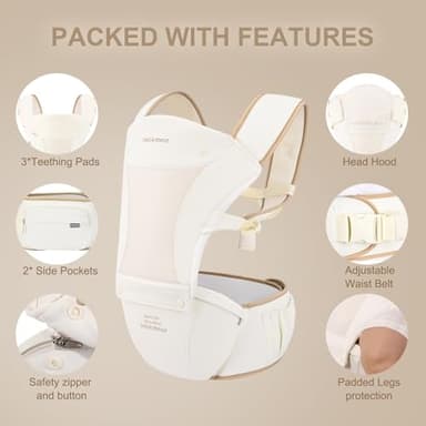 Bebamour Baby Carrier with Hip Seat,All-Position Breathable Mesh Hip Seat & Carrier 0-36Months with Head Hood, 3 PCS Teething Pads, Waist Extender,Storage Bag & Pacifier Case(Black) - Image 3
