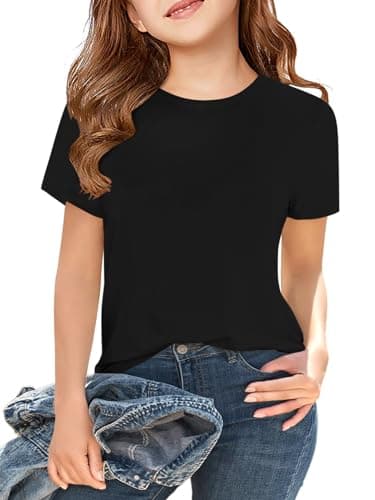 Girls Short Sleeve T Shirts Kids Summer Tops Crewneck Tees 5-14 Years Black - Image 1