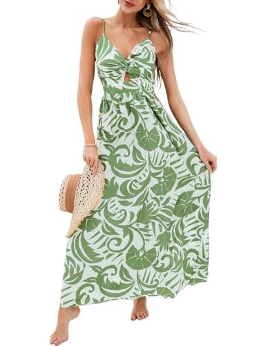 CUPSHE Women's Maxi Dresses V Neck Beach Paisley Sleeveless Cutout Formal Spaghetti Straps Casual Long Summer Dress Green Paisley, L - Image 1