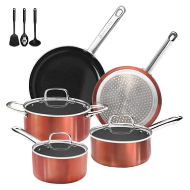M MELENTA Pots and Pans Set Non Stick, 11pcs Ceramic Cookware Set, Non Toxic Induction Cookware, Kitchen Cooking Set w/Fry Pans, Saucepans, Oven Safe, Copper - Image 1