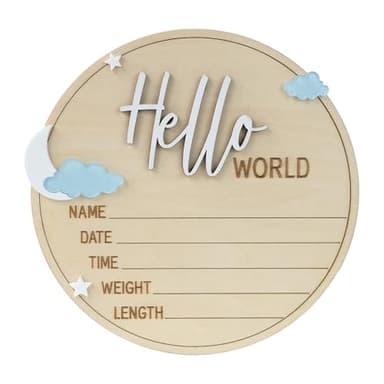 Hello World Baby Birth Stats Sign, 6.2 inches, Wood Engraved Hospital Announcement Board with Flower (BB75) - Image 1
