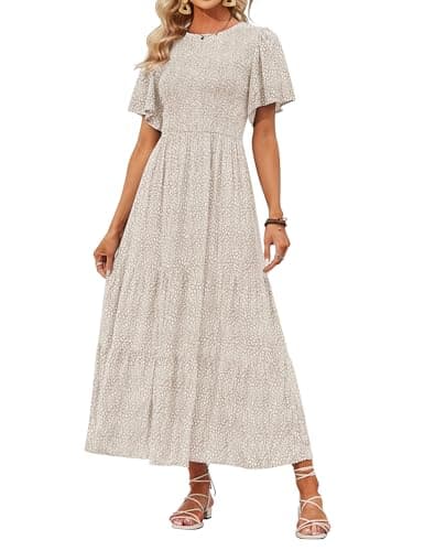 ZESICA Women's 2025 Summer Casual Floral Print Short Flutter Sleeve Crew Neck Smocked High Waist Flowy Maxi Dress,Beige,Large - Image 1
