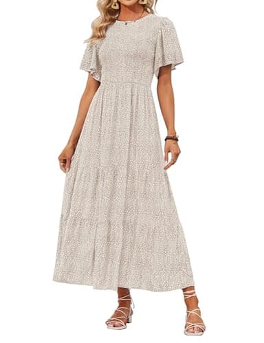 ZESICA Women's 2025 Summer Casual Floral Print Short Flutter Sleeve Crew Neck Smocked High Waist Flowy Maxi Dress,Beige,Large - Image 1