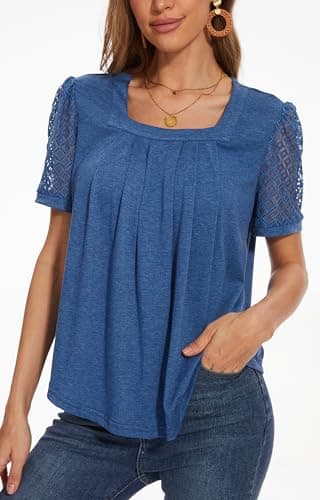 andy & natalie Womens Summer Short Sleeve Tops Square Neck Lightweight Puffer Sleeve Shirts Dressy Casual Blouse Small Cobalt Blue - Image 2